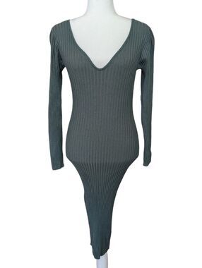 Ally Womens Green Ribbed Knit Scoop Long Sleeve Bodycon Midi Dress Size Medium